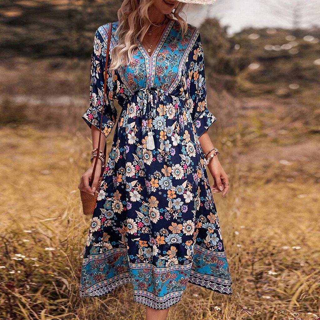 Women's Fashionable V Neck Floral Print 3/4 Sleeved Bohemian Vacation Beach Dress