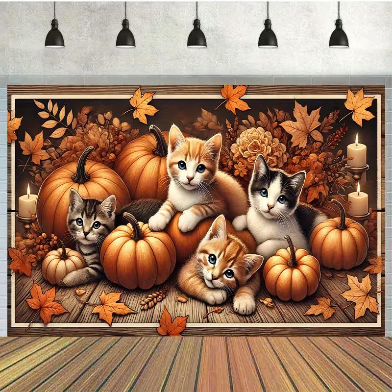 2D Thanksgiving Kitten Backdrop Adorable Cats & Pumpkins Fall Banner 47.2x31.5inch/120*80cm