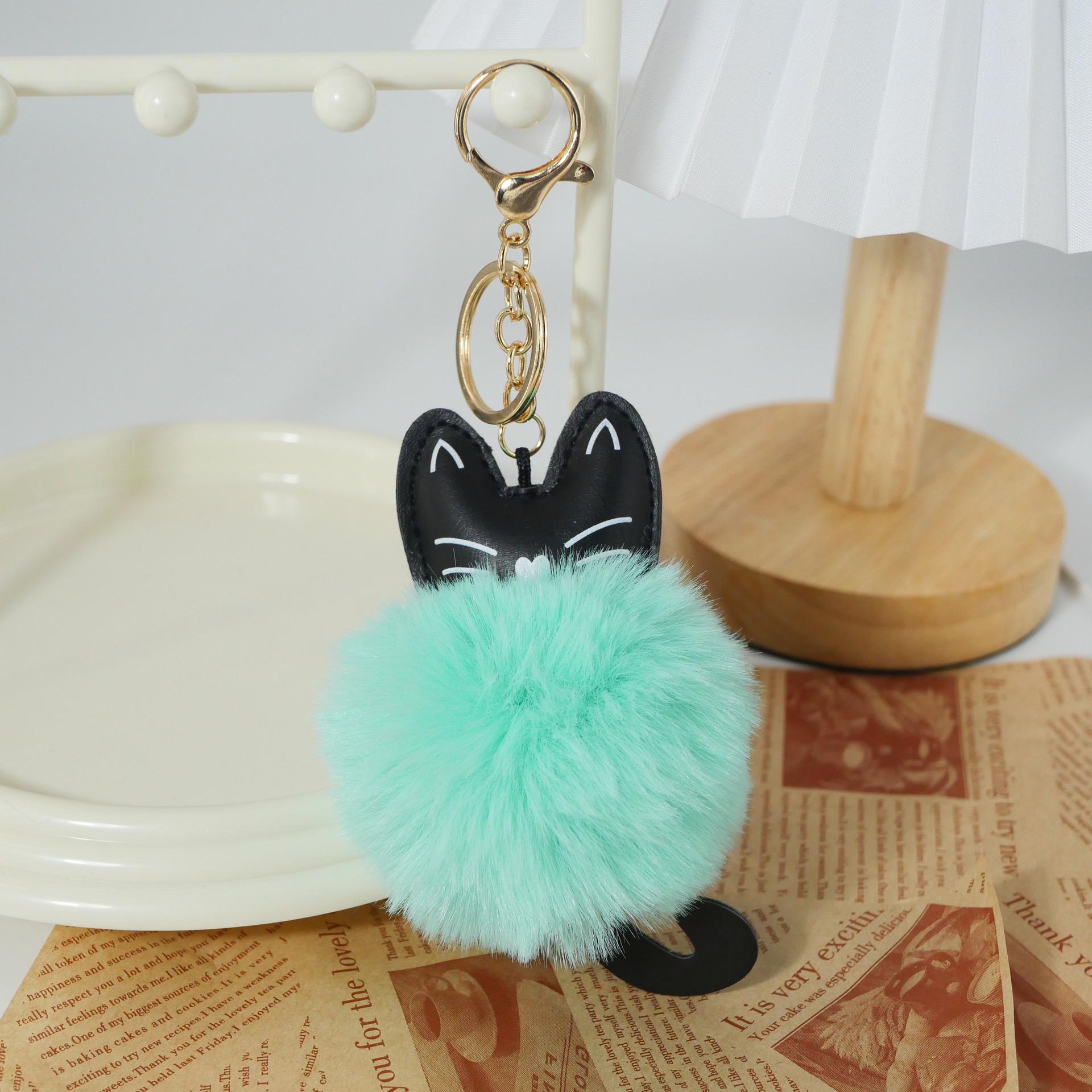 Adorable Black Cat Keychain with Faux Fur Ball Pendant