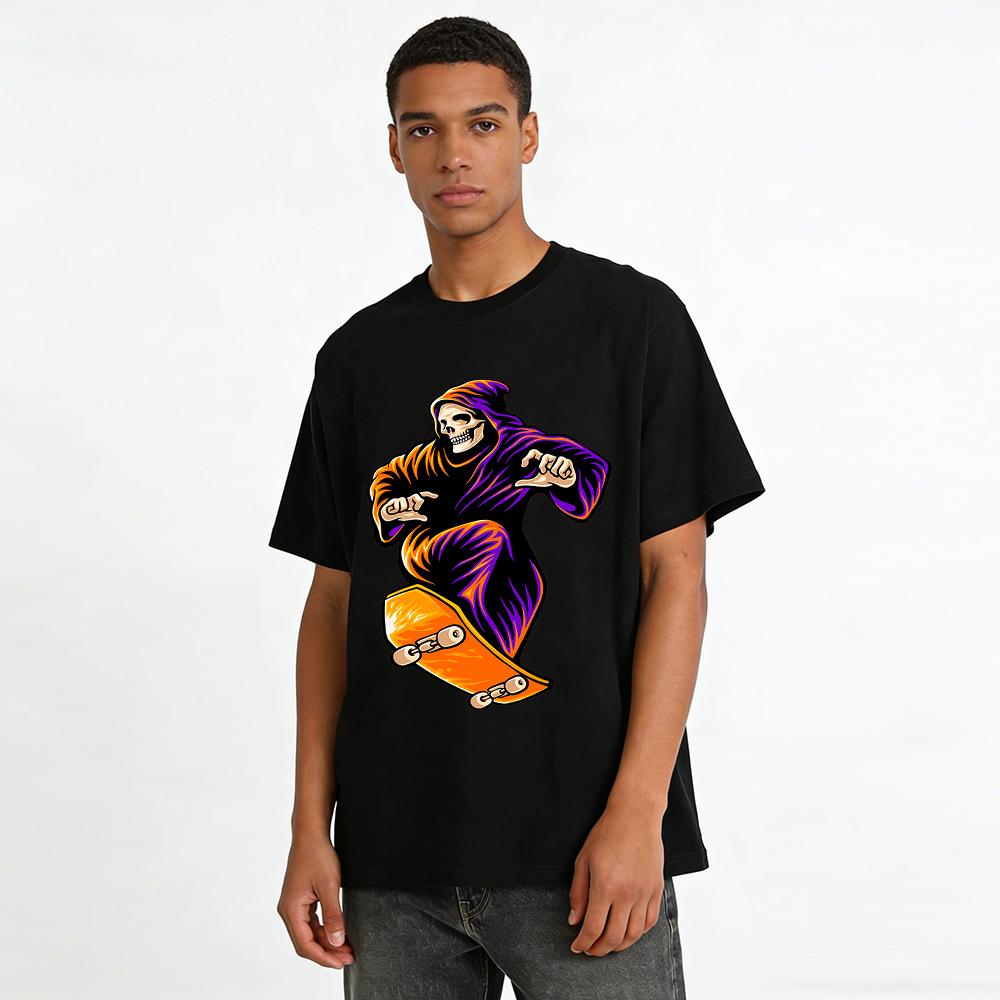 Cool Grim Reaper Skateboarding Skull Print Street Style Casual Tee Pure cotton T-shirt