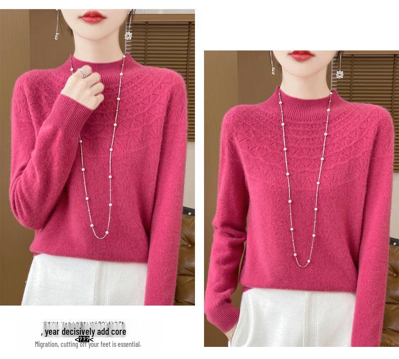 2025 Autumn/Winter Women's Half-High Collar Hollow Design Pure Wool Seamless Sweater Pullover