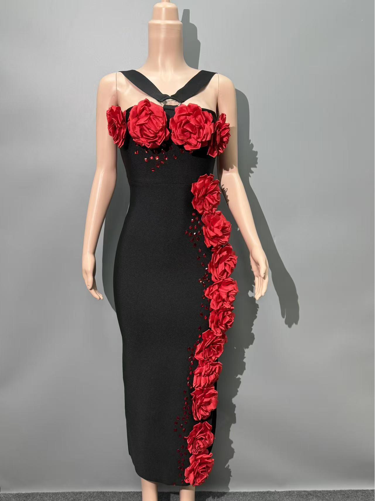 

High-End 3D Floral Halter Neck Party Bandage Dress S чёрный