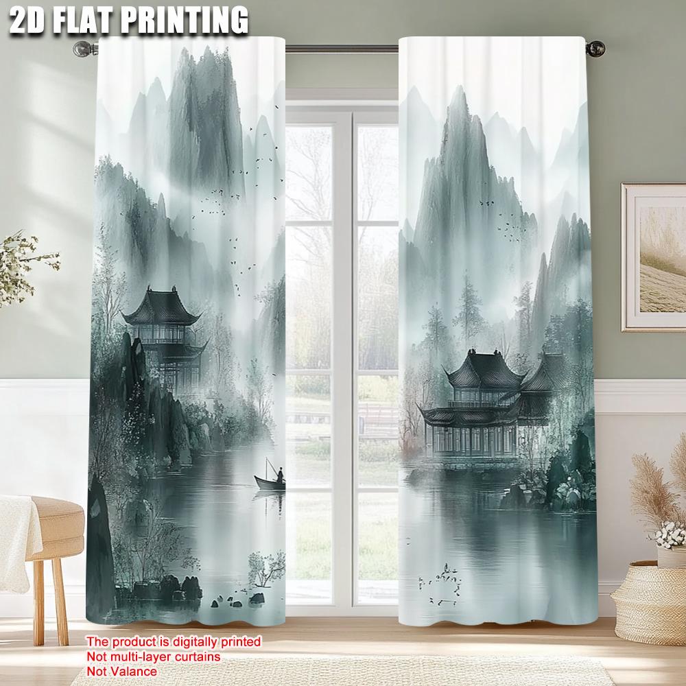 2pcs, Pattern Curtains 2D print Chinese Ink Landscape 100% Polyester (without rod) Home Decor Use for Living Room, Semi-Sheer