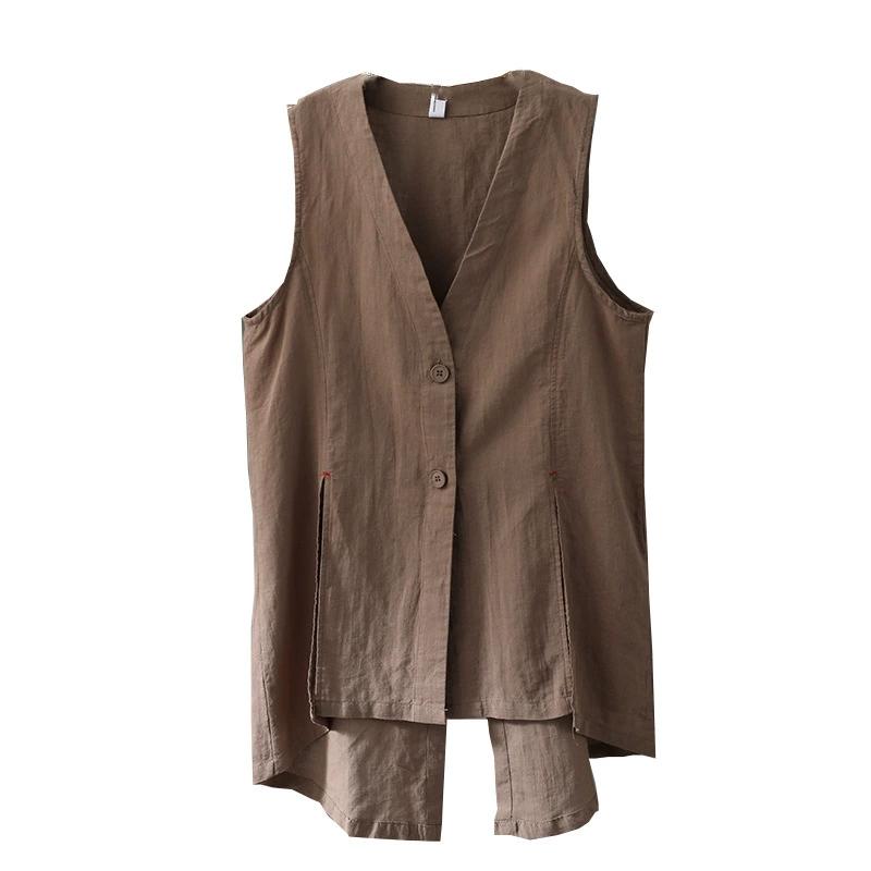 Womens Cotton Linen Vest V-neck Long Waistcoat Summer