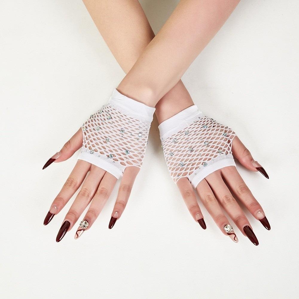 Fishnet Design Rhinestone Gloves Shiny Decor Short Gloves New Fingerless Gloves Dance Performance