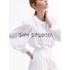 Spring and Summer New Women's Clothing Lace Inlaid Chinese Stand Collar Bubble Long Sleeve Fine Pleated Decorative Shirt 1281837