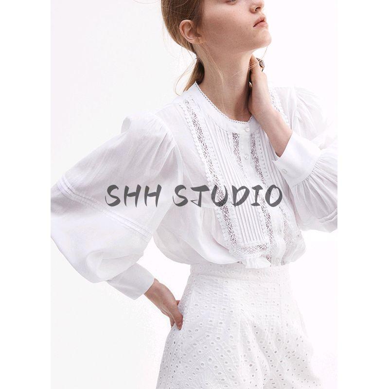 Spring and Summer New Women's Clothing Lace Inlaid Chinese Stand Collar Bubble Long Sleeve Fine Pleated Decorative Shirt 1281837