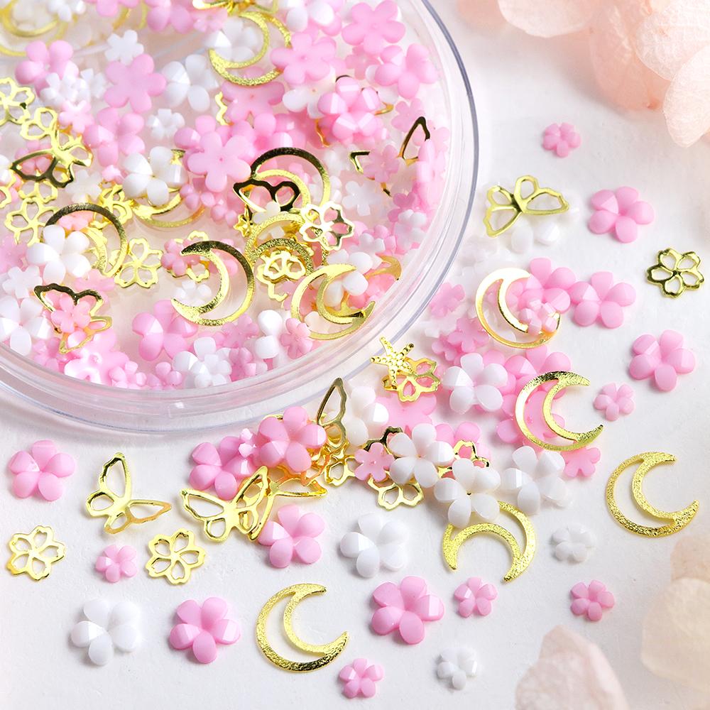 1box Luxury Pink White 3D Mini Acrylic Flower Rivet Nail Art Charms Mixed Metal Flower Butterfly Nails Decoration Accessories