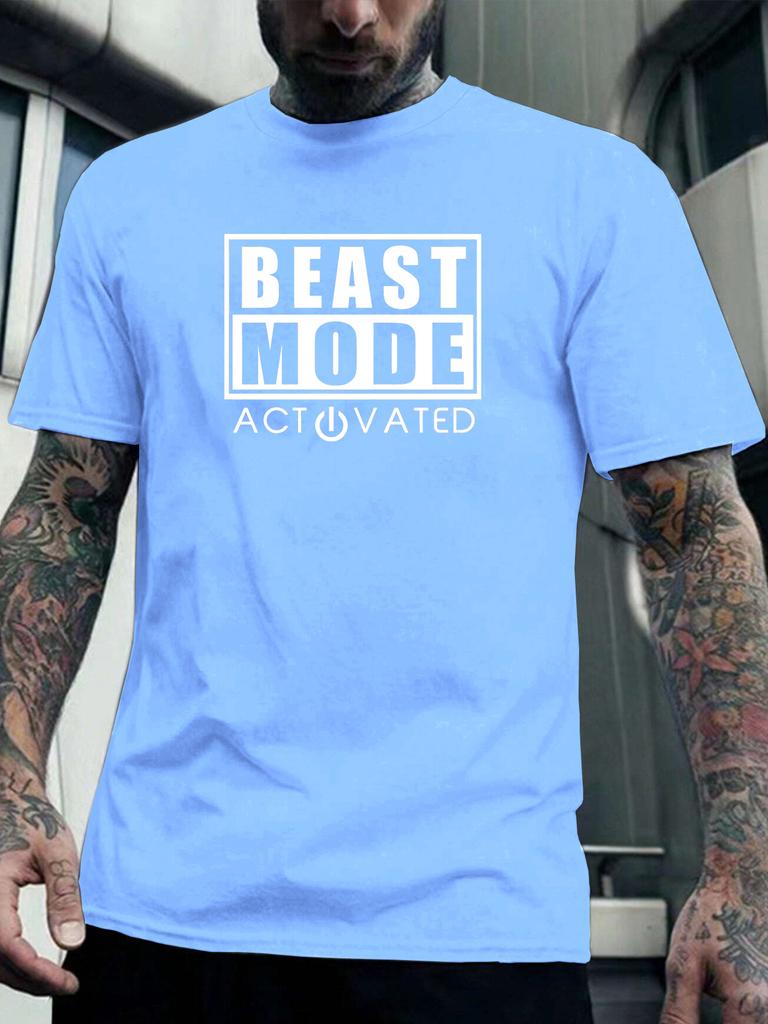 Comfy BEAST MODE Print Men's Short Sleeve T-shirts - Breathable Casual Tops For Fitness Training, Jogging