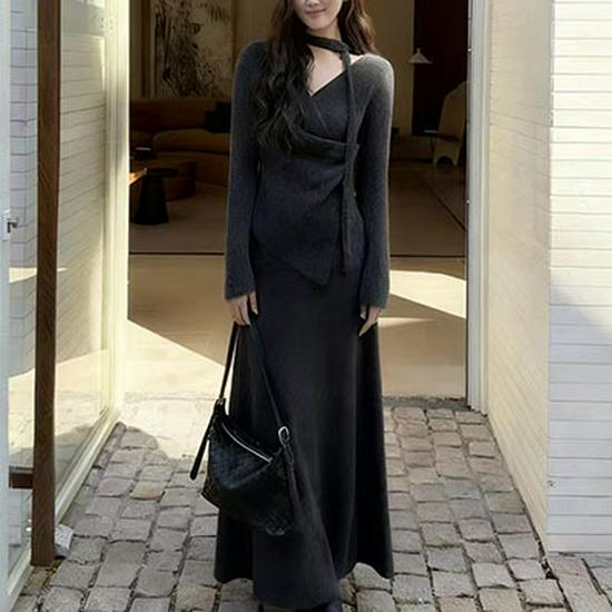 Elegant French Style Irregular Sweater Skirt Set for Women - Autumn/Winter Waist-Cinching Three-Piece Ensemble