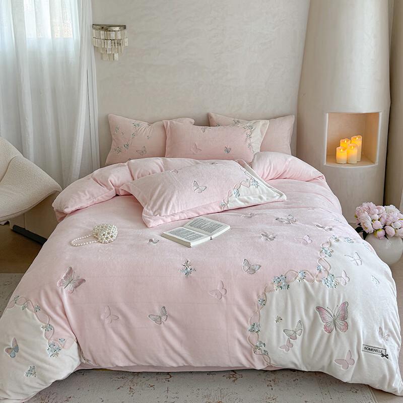 OEING Butterfly Love Flower Embroidered Milk Velvet Bedding Set