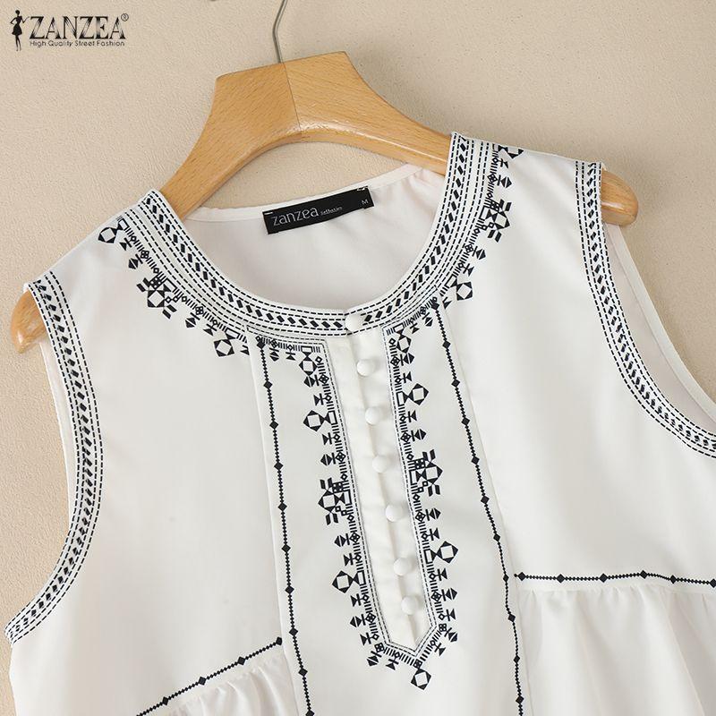 ZANZEA Women Casual Round Neck Loose Sleeveless Print Tank Tops