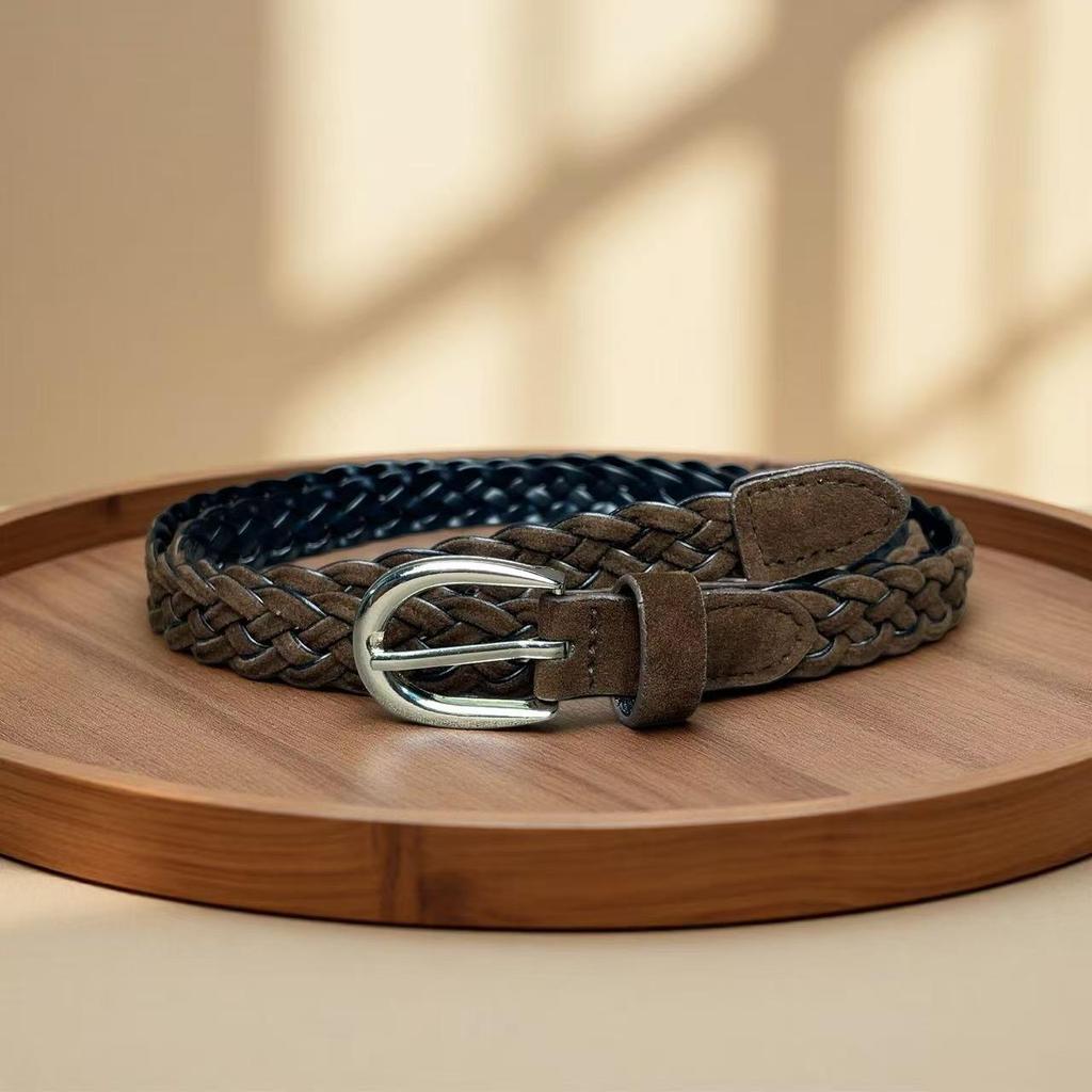 Korean Retro Coffee Velvet Woven Women's Belt with Handmade Pin Buckle – Stylish Pairing for Jeans