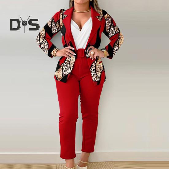 

1 комплект, женский костюм с поясом, кардиган с отворотом, блейзер с принтом, однотонные брюки, деловой комплект из двух предметов, элегантный темпераментный офисный женский наряд 3XL зелёный