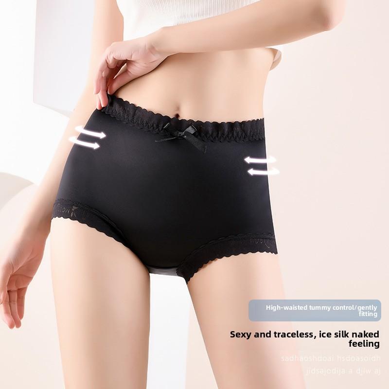Plus Size Women Sexy Hollow Lace Seamless Ice Silk Breathable High Waisted Triangle Briefs