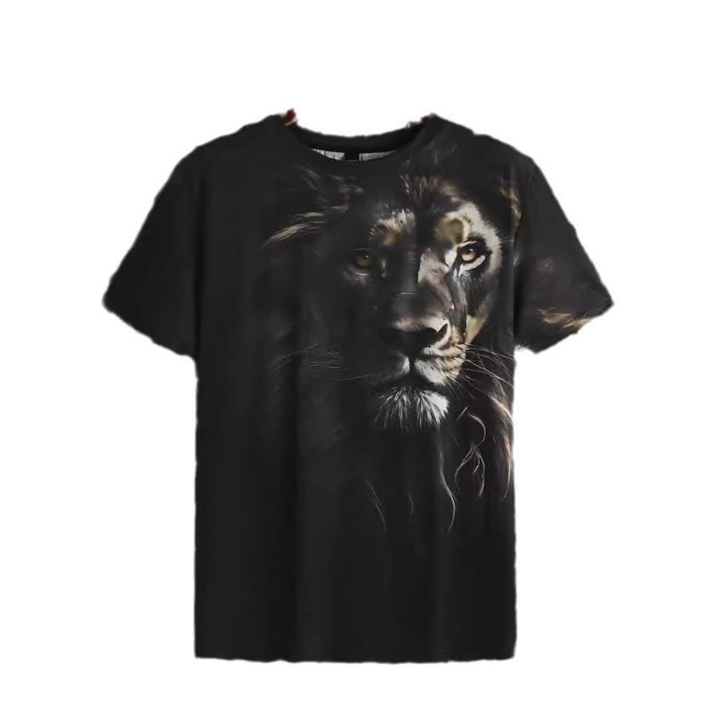 Letni Las Dominator Lew 3D Cyfrowy Druk Czarny Ramię Uniwersalny Krótki Rękaw Luźne Swobodne Okrągły Dekolt Koszulki Męskie