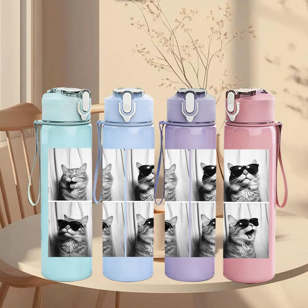 1PC Four Panel Cat Meme Comic Print 750ml Color Plastic Sports Water Bottle Leakproof Flip Straw Lid Suitable for Sports Office Home Use