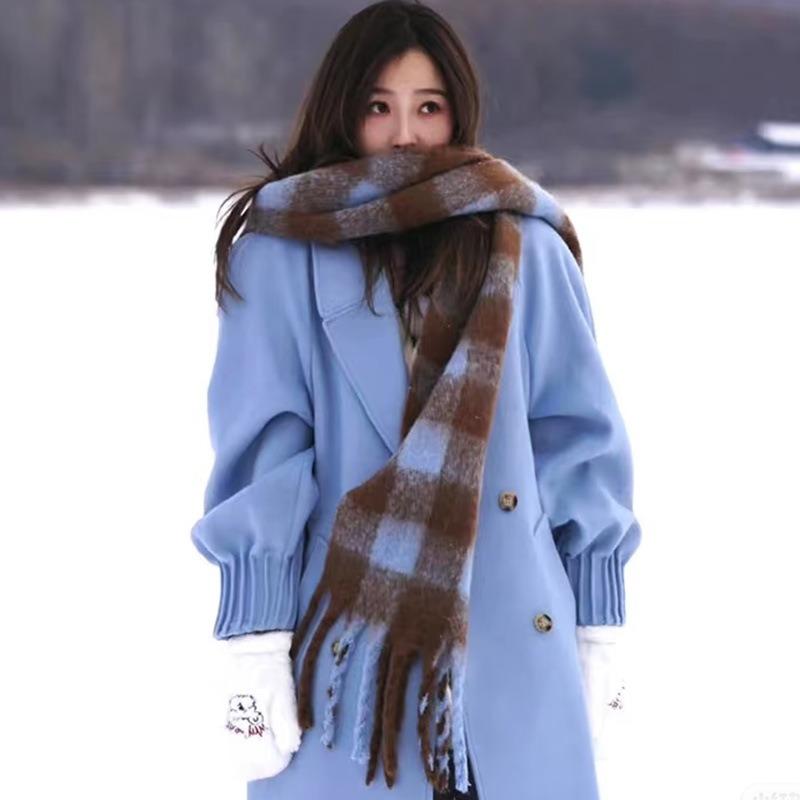 Crain blauer Schal Damen Winter vielseitig verdickt einfarbig Schal Mohair Premium warmer Schal