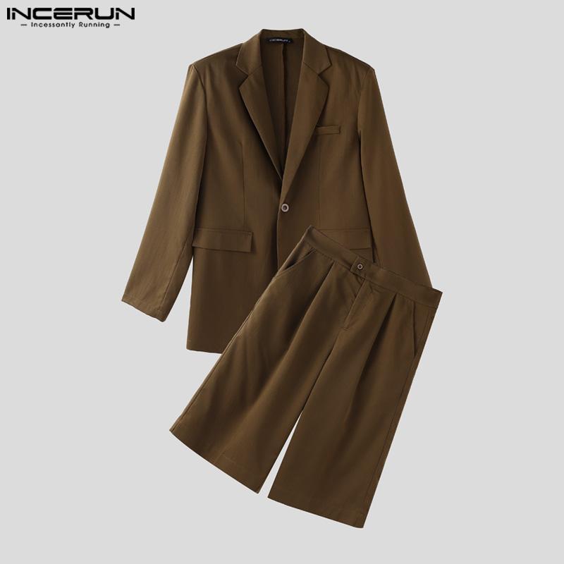 INCERUN Two Pieces Outfits Men Oversized Long Sleeve Blazer Capri Pants Sets Outfits