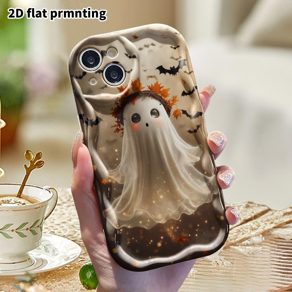 Phone Case: 2D Flat Design, Fits iPhone 12 To 18 Pro, Phone Decoration, Transparent Ghost with Wreath, Perfect for Halloween and Christmas Gifts