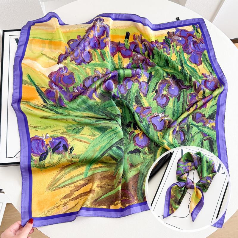 Damski jedwabny szalik w koreańskim stylu: Wszechstronny kwadratowy szalik z kamelią na wiosnę i jesień - do noszenia na szyi, na torebce lub we włosach