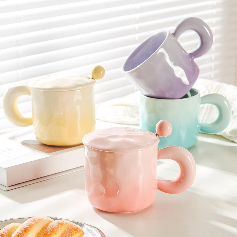 High Value Gradient Ceramic Cup Niche Design Sense Mug with Lid Spoon for Girls Coffee Cup Couple Drinking Water Cup