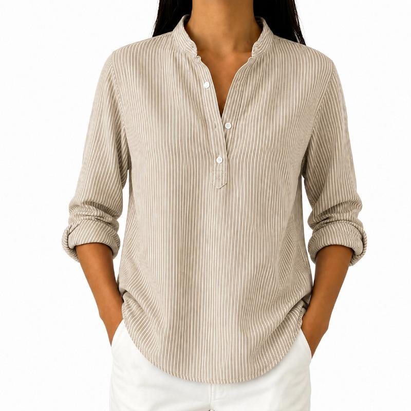 Women Stand Collar Vertical Stripe Long Sleeve Shirt Solid Green Half Button Casual Blouse