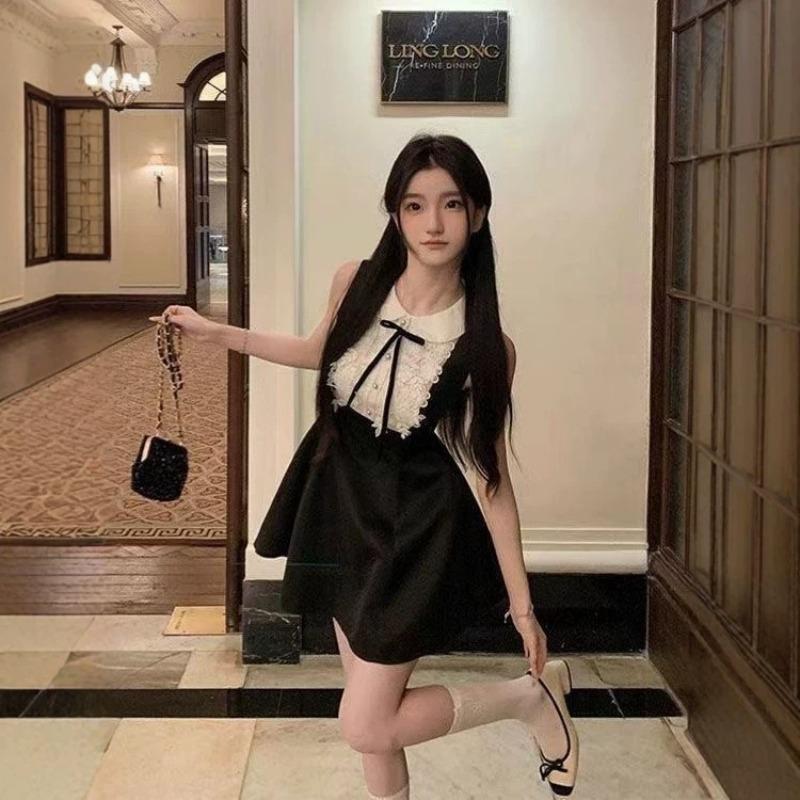 College Style Sleeveless Dress White Lace Peter Pan Collar Black A Line Short Dress with Bow Decoration Suitable for Campus and Everyday Leisure Wear