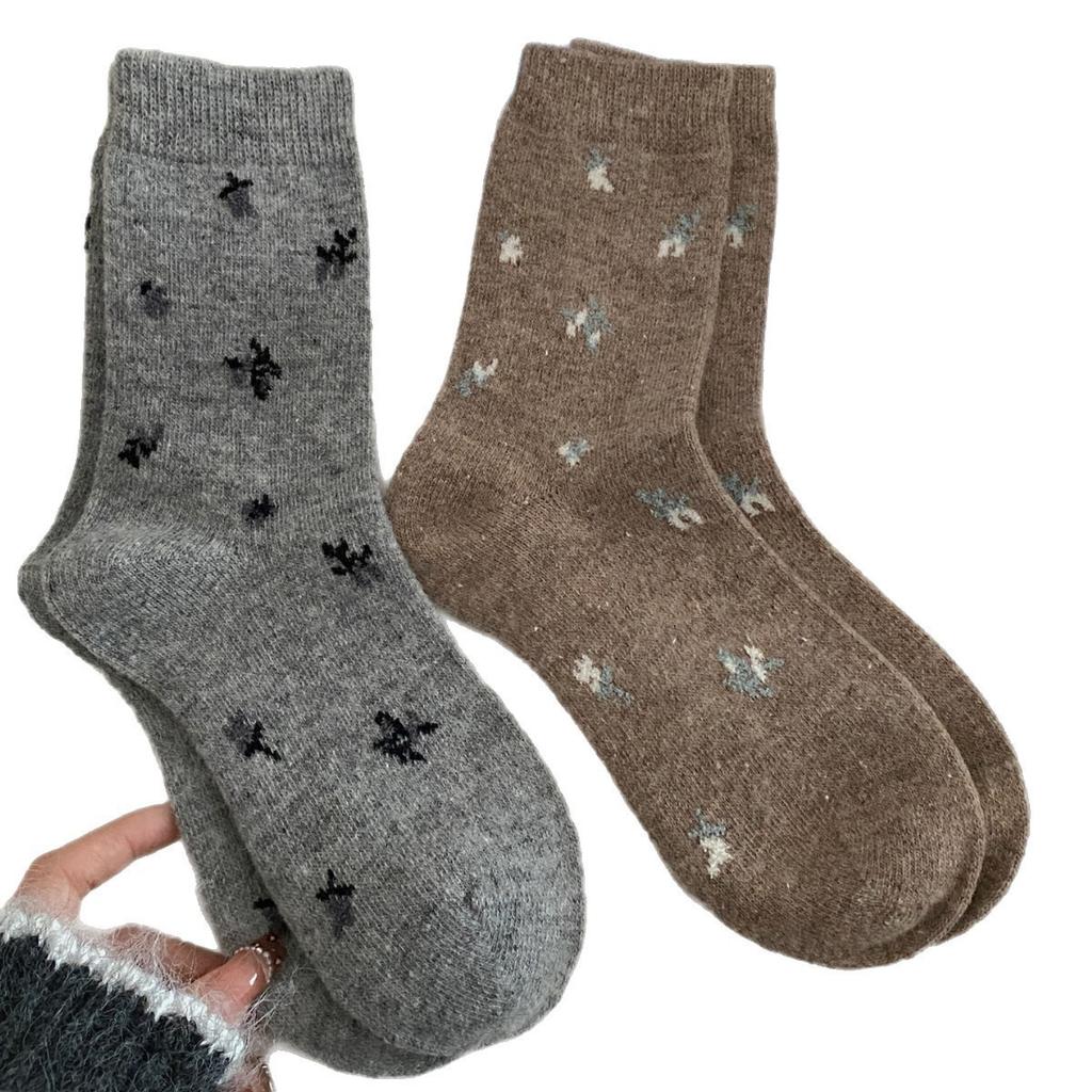 Retro Small Floral Wool Socks Heat Storage And Warmth Boneless Wool Stacking Socks Medium Tube Korean College Style