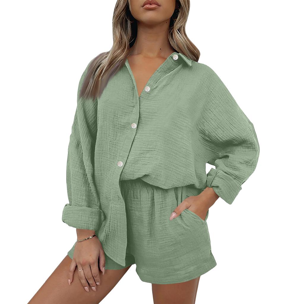 Women's Casual Color Long Sleeved Shorts Set, Crepe Home Set