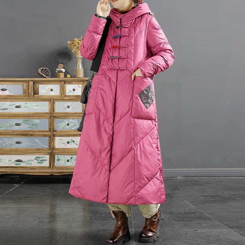 Down jacket women's retro ethnic style white duck down, winter buckle sticker thickened warm long hooded and thin outer