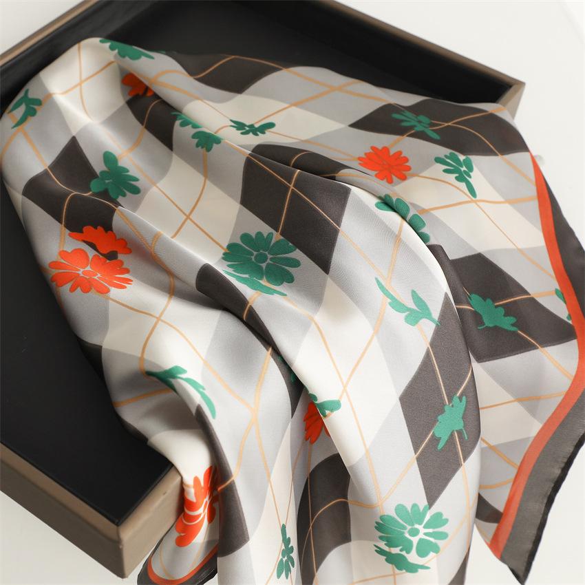 British plaid small fresh silk scarf sunscreen shawl versatile floral scarf imitation silk 71cm square scarf professional scarf