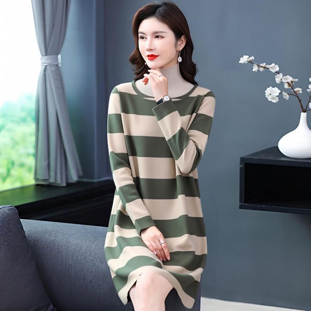 Spring & Autumn Striped Long Sleeve Slimming Dress - Plus Size, Age-Defying, Tummy-Tucking for Women
