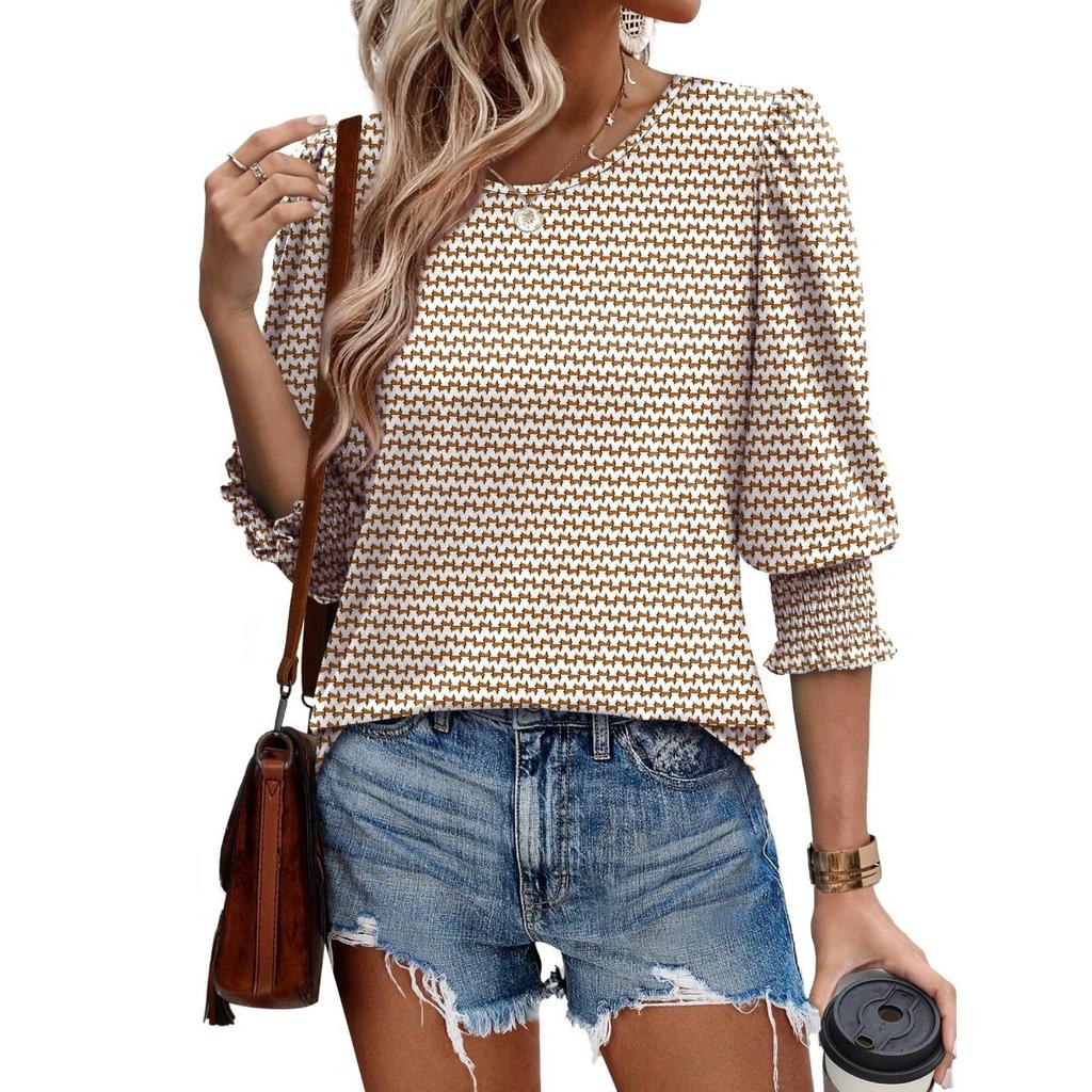 Women's Clothing, Spring, Loose, Casual, Printed, Seven Quarter Sleeves, Round Neck, T-shirt, Top