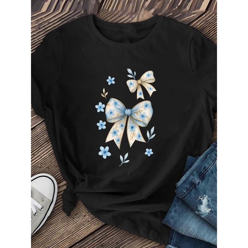 European Size Women'S "Fresh and Gentle Butterfly Knot" with Small Flower Prints | Casual Short Sleeve T-Shirt,Moderate Elasticity, Perfect for Summer