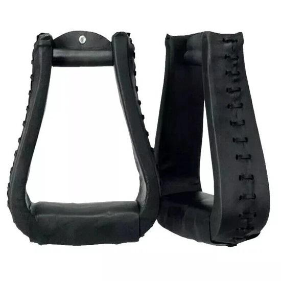 Western Stirrups Saddle Tack Handmade Black Leather Covered Pair .