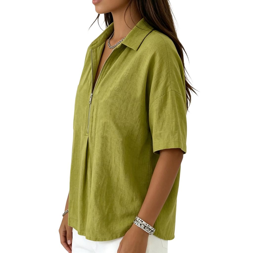 Women's Fashionable Loose-Fit Short-Sleeve Casual Shirt With Half-Zip