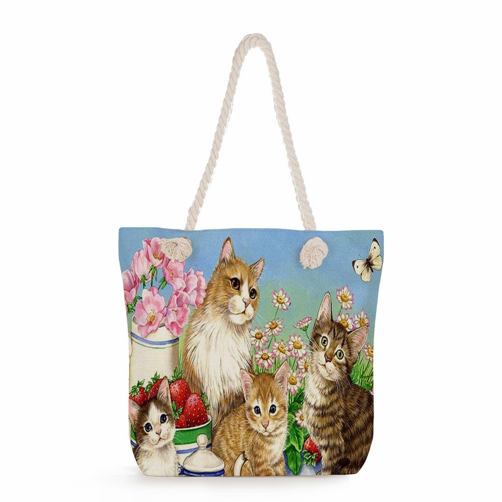 Cat print thick rope single-shoulder beach bag 7228
