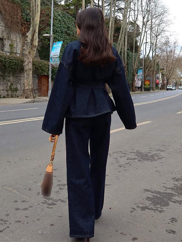 Spring/Summer 2025 Belted Denim Turn-down Collar Long-sleeve Pants Set