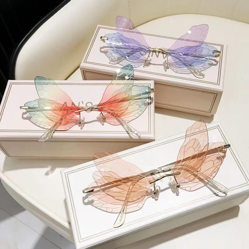 Vintage Dragonfly Wings Sunglasses Fashion Rimless Women Clear Lens Eyewear Men Pink Sun Glasses Uv400 Eyewear Female