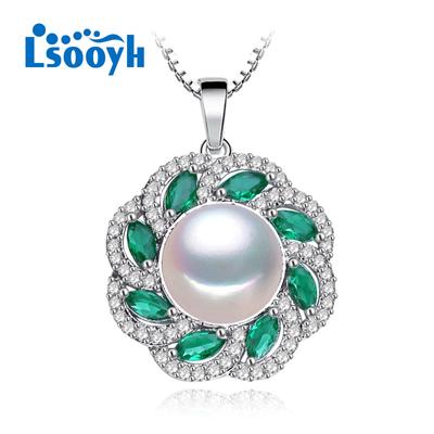 10-11mm Große Natürliche Süßwasser Perle Neckalce Mode Zirkonia Grün Kristall Blume Anhänger Halsketten Für Frauen