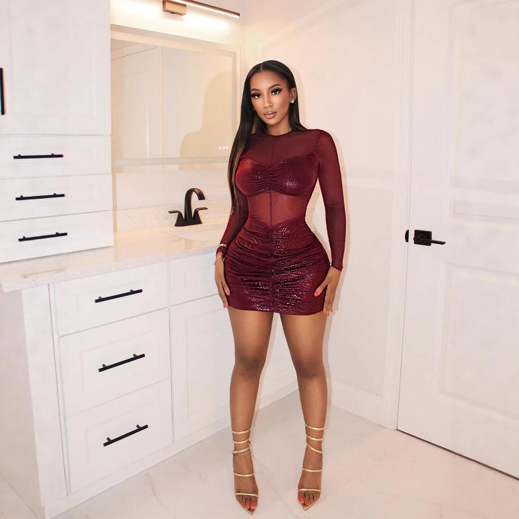 Burgundy Mesh Sheer Panel Mini Dress Long Sleeve Shiny Glitter Ruched Bodycon Sexy Transparent Tulle Patchwork Nightclub Evening Party Short Gown