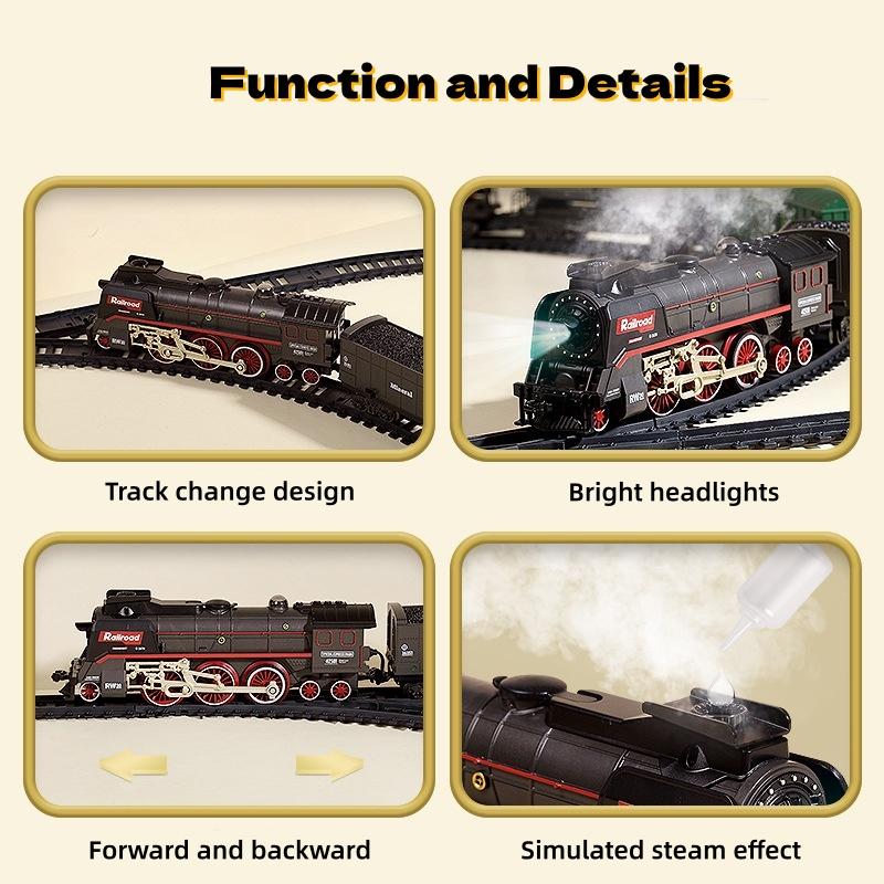 Retro Steam Train Set with Smoke Effect, Lights & Sounds, USB Rechargeable Christmas Train Railway Kits for Kids Holiday Gifts