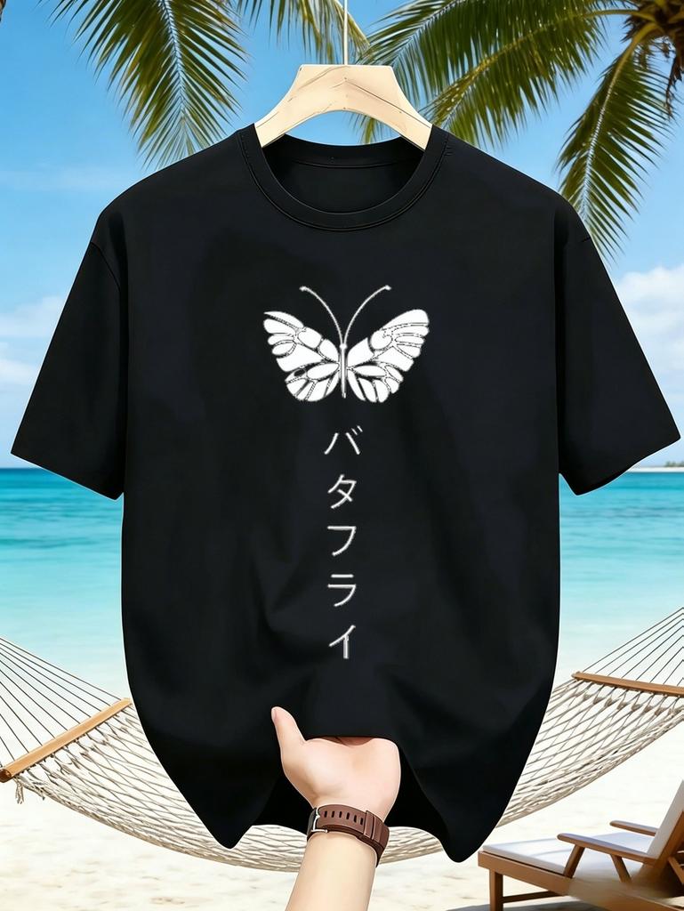 1pc Mens Graphic T Shirt Japanese Kanji Butterfly Print Short Sleeve Crew Neck
