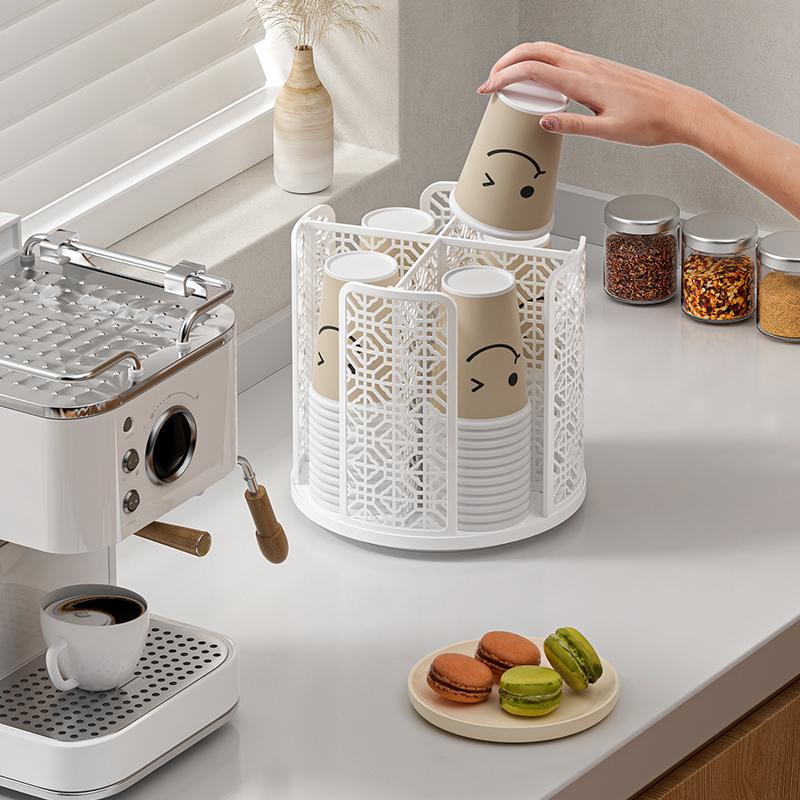 Rotating Paper Cup Dispenser, Cup Holder with 4 Compartments, Disposable Coffee Cup Dispenser Removable, Plastic Cup Storage