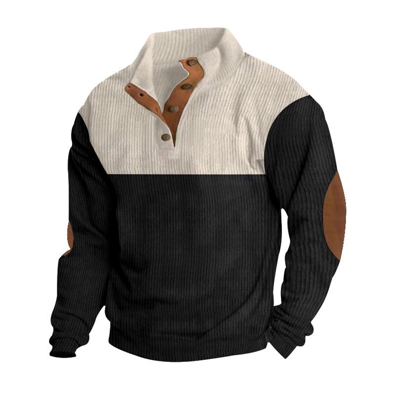 Herren Casual Corduroy Farbblock Kapuzenpullover mit Stehkragen und Knöpfen - Herbstkollektion 2025