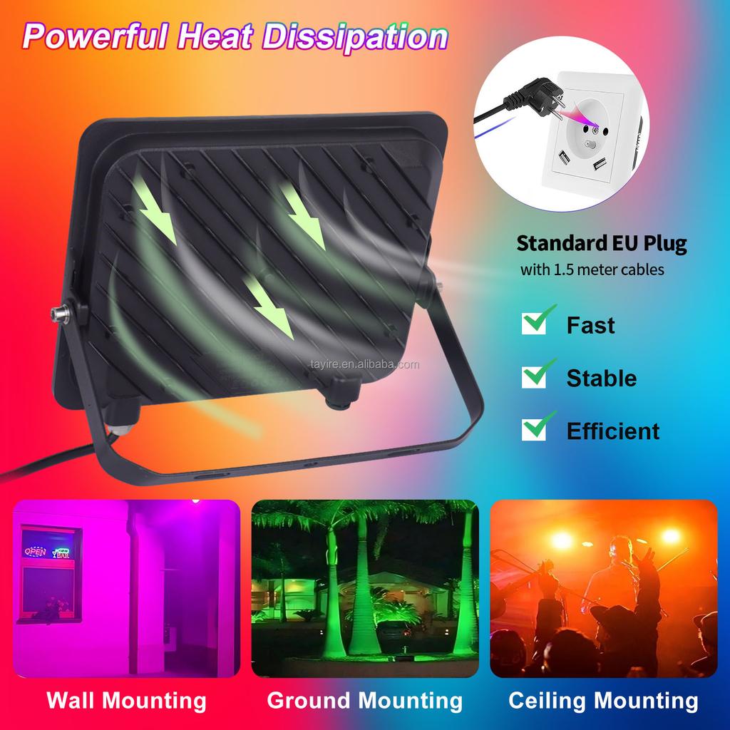 European Stock RGB Led Floodlight with EU Plug 50W 100W Multicolor Remote Control Memory Function 16Modes Led Lamp RGB Projector