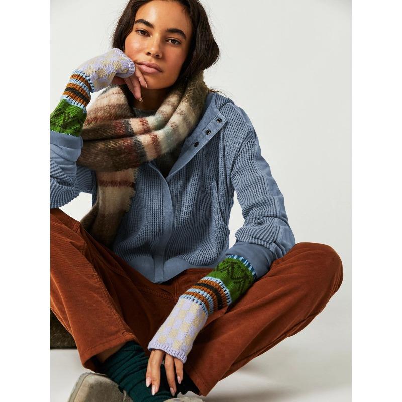 Jacket Patchwork Sweatshirt Women's Hooded Sweatshirt Slouchy Style Zipper Hoodie Short Knitwear