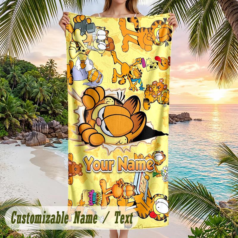 Garfield Beach Towel, Personalized Custom Text, Quick Dry Soft Large Towel For Swimming Pool Travel