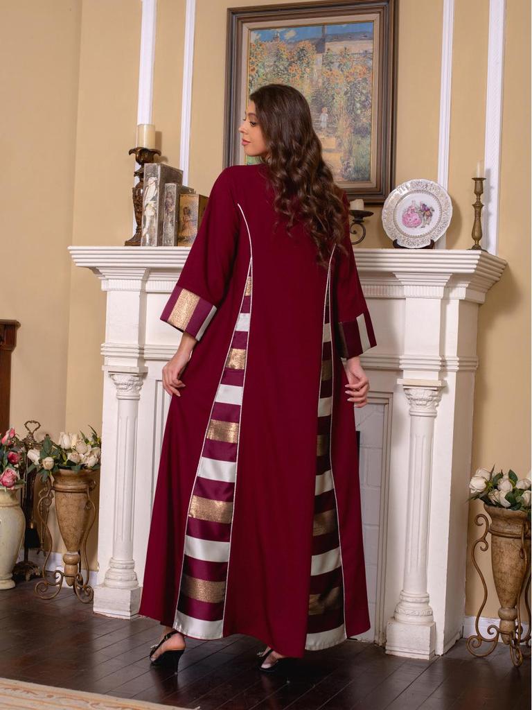 AB052 Women's Embroidered Striped Abaya - Middle East Arabic Muslim Robe